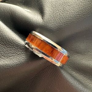 Wood Inlay Silver-Tone Men's Ring - Brown